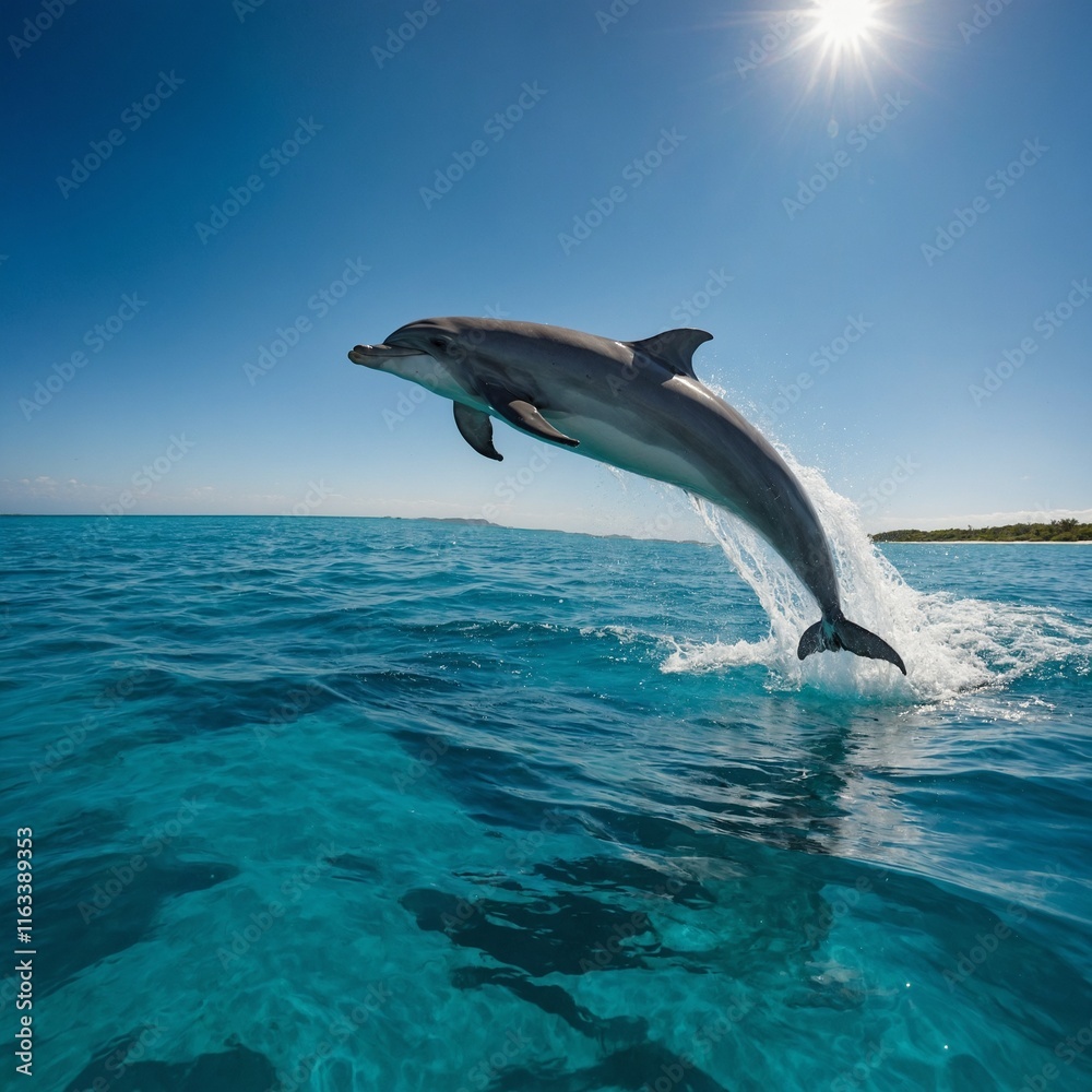 Fototapeta premium A dolphin leaping out of turquoise waters under a clear blue sky.