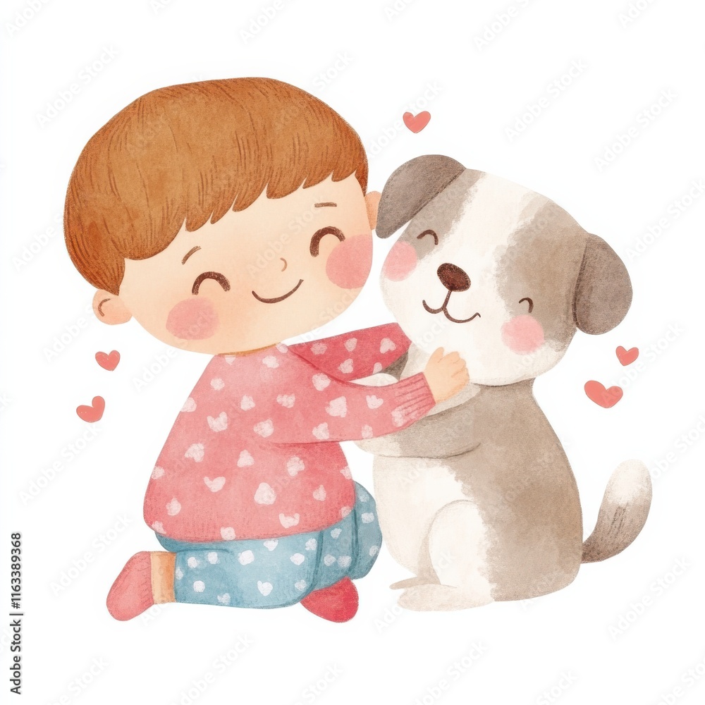 Kid and Pet Friendship Concept. A happy child embraces a cute puppy, surrounded by hearts, capturing a heartwarming moment of friendship and love. watercolor style, isolated on white background Kid and Pet Friendship Concept. A happy child embraces a cute puppy, surrounded by hearts, capturing a heartwarming moment of friendship and love. watercolor style, isolated on white background