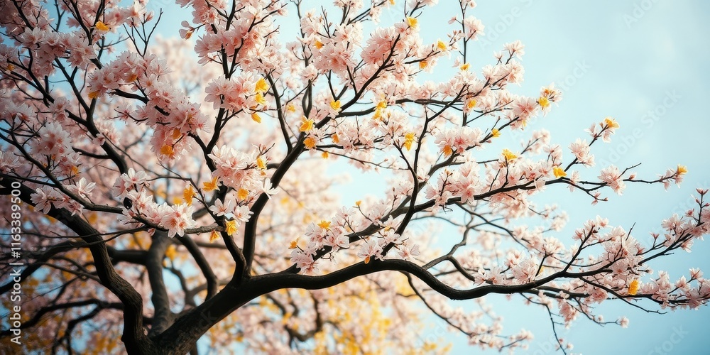 Delicate Pink and Yellow Blossoms on a Tree Branch Against a Serene Sky Delicate Pink and Yellow Blossoms on a Tree Branch Against a Serene Sky