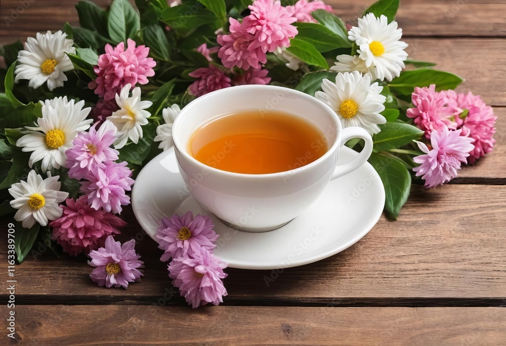 A cup filled with colorful flowers sitting on a wooden table A cup filled with colorful flowers sitting on a wooden table