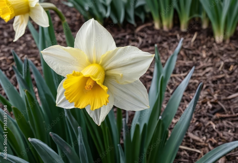 A close-up of a daffodil flower in a garden with other spring flowers in the background A close-up of a daffodil flower in a garden with other spring flowers in the background
