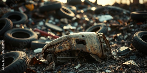 Rusty engine remnant in a tire pile at sunset