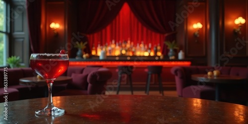A crimson cocktail garnished with a single berry rests on a dark wood table, the backdrop a softly lit bar with plush seating and rich red curtains.
