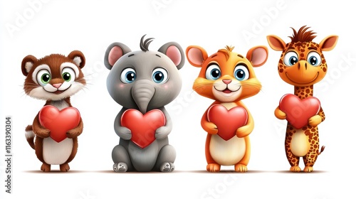 A colorful Valentine's Day clipart featuring cartoon animals holding hearts.