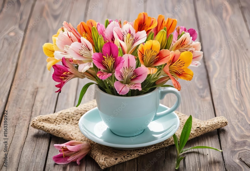 A cup filled with colorful alstromeria flowers on a wooden table