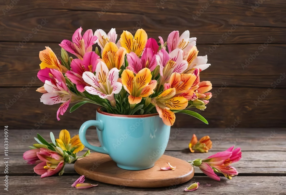 A cup filled with colorful alstromeria flowers on a wooden table