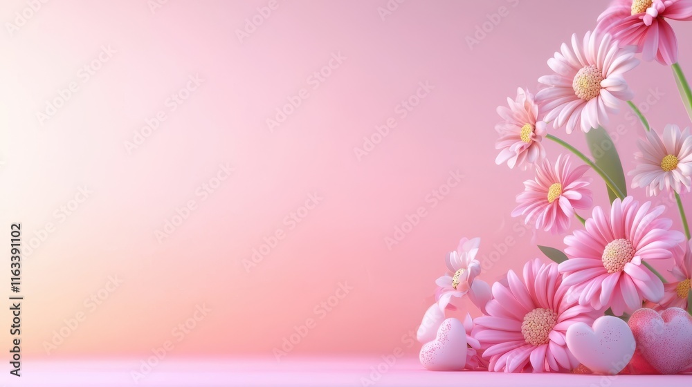 Fototapeta premium A dreamy Valentine's Day background with flowers fading into a pink gradient.
