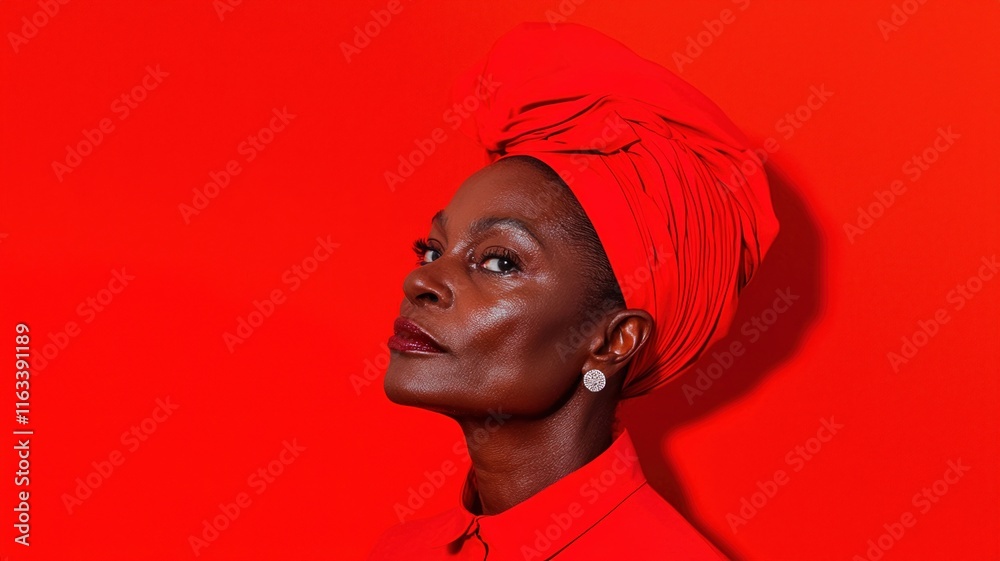 Black History Month inspiration concept. Bold portrait of a woman in red against a vibrant background. Black History Month inspiration concept. Bold portrait of a woman in red against a vibrant background.