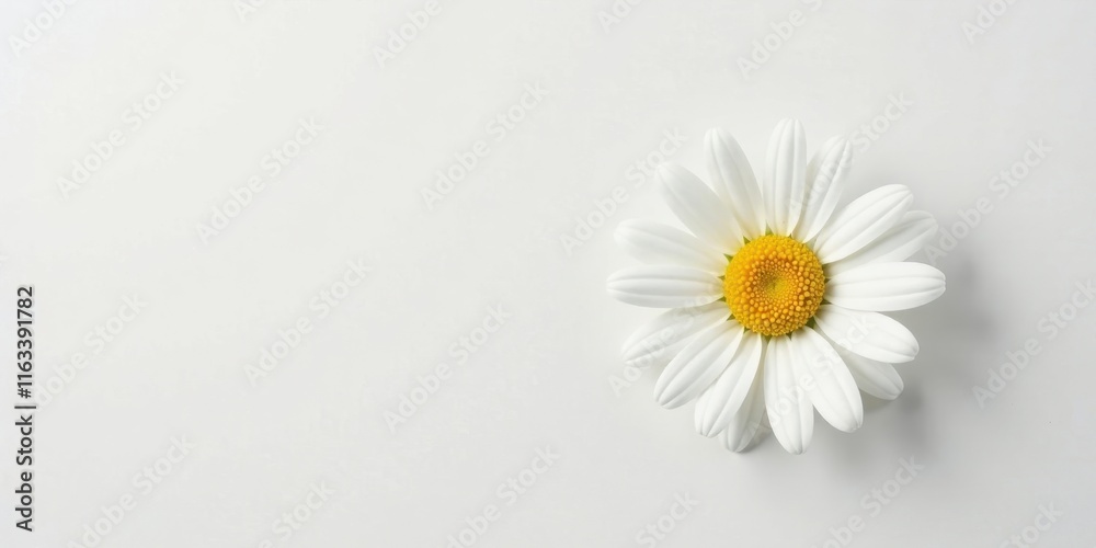 Obraz premium A single daisy blossom rests on a pristine white background, a minimalist botanical image perfect for various design applications, conveying purity, serenity, and natural beauty.
