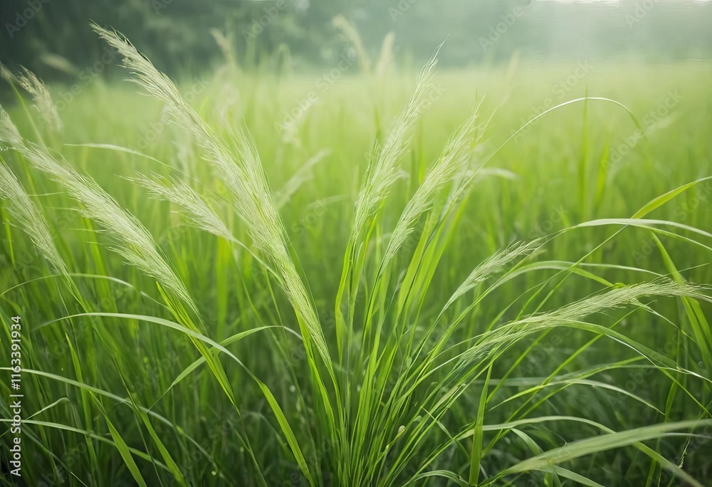 Fototapeta premium A close-up of a field of tall, green grass with a hazy background