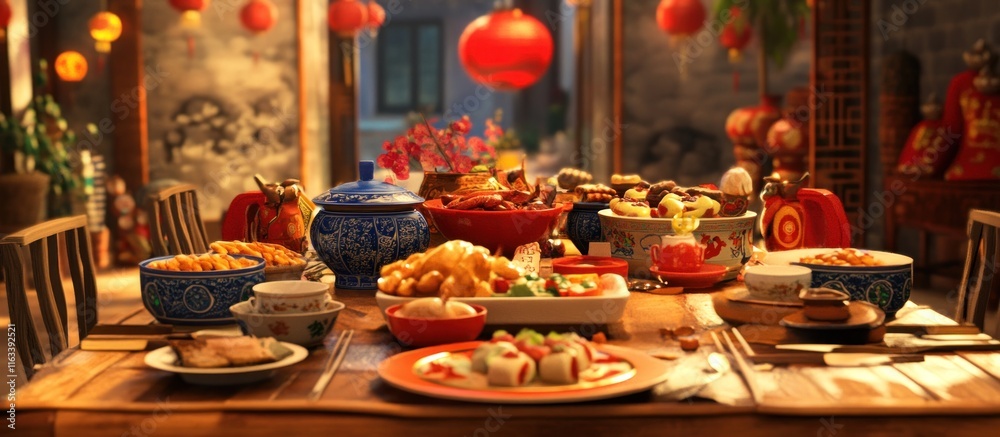 A lavish Chinese New Year feast is set on a rustic wooden table, adorned with traditional decorations and vibrant dishes. A lavish Chinese New Year feast is set on a rustic wooden table, adorned with traditional decorations and vibrant dishes.