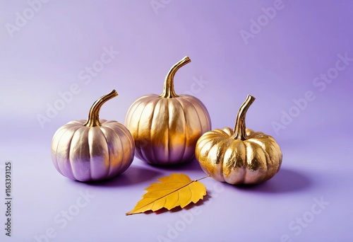 Three pumpkins painted with gold leaf and a pine cone on a lilac background photo