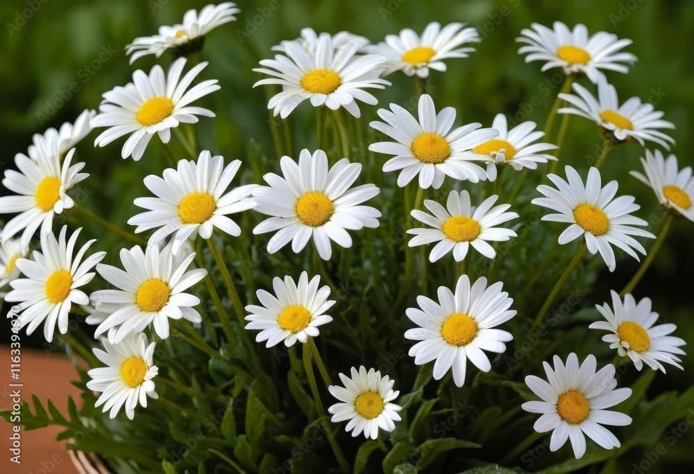 A close-up of a bunch of daisies in a green meadow with the sun shining down on them A close-up of a bunch of daisies in a green meadow with the sun shining down on them