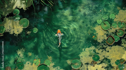 Koi fish swimming in a pond with lily pads.