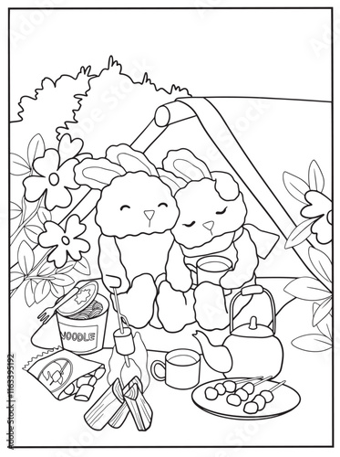 coloring book page Two cute bunnies enjoying a picnic with noodles, tea, and snacks in front of a tent surrounded by flowers.