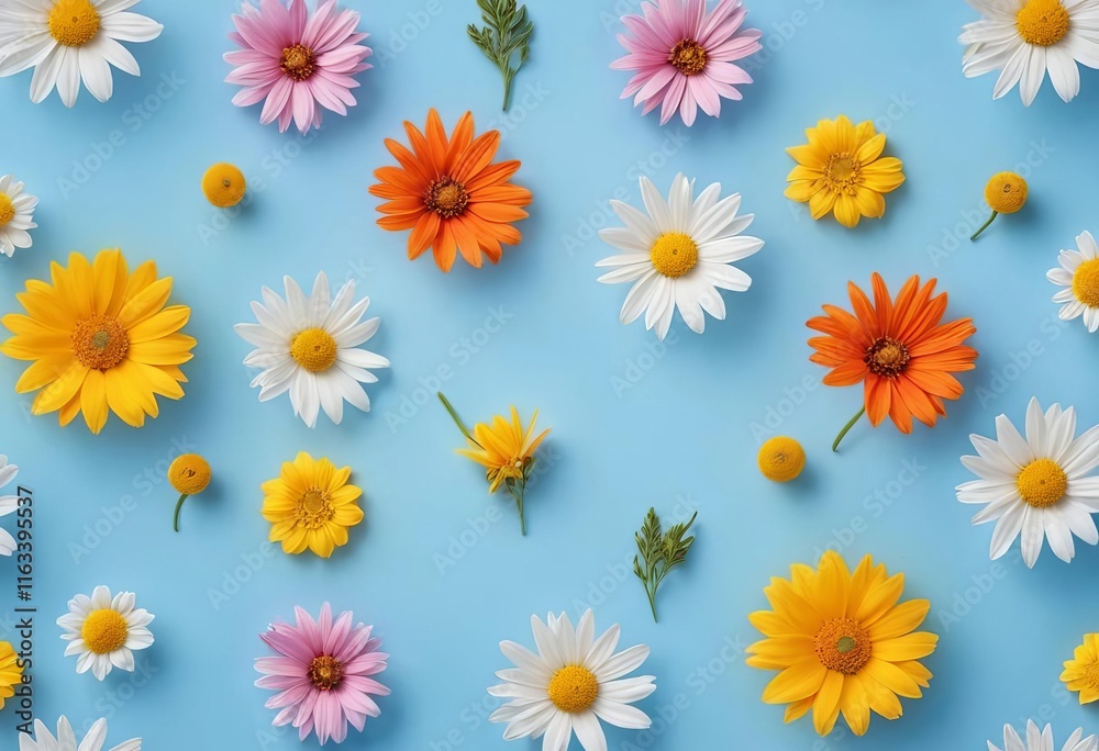 Obraz premium A close-up of vibrant, colorful summer flowers on a blue background