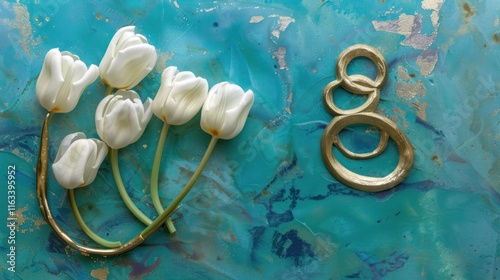 White tulips and gold eight on teal background.