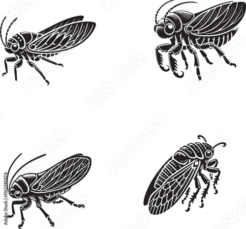 "4 Set of Black Treehopper Nymph Silhouettes Isolated on White Background"