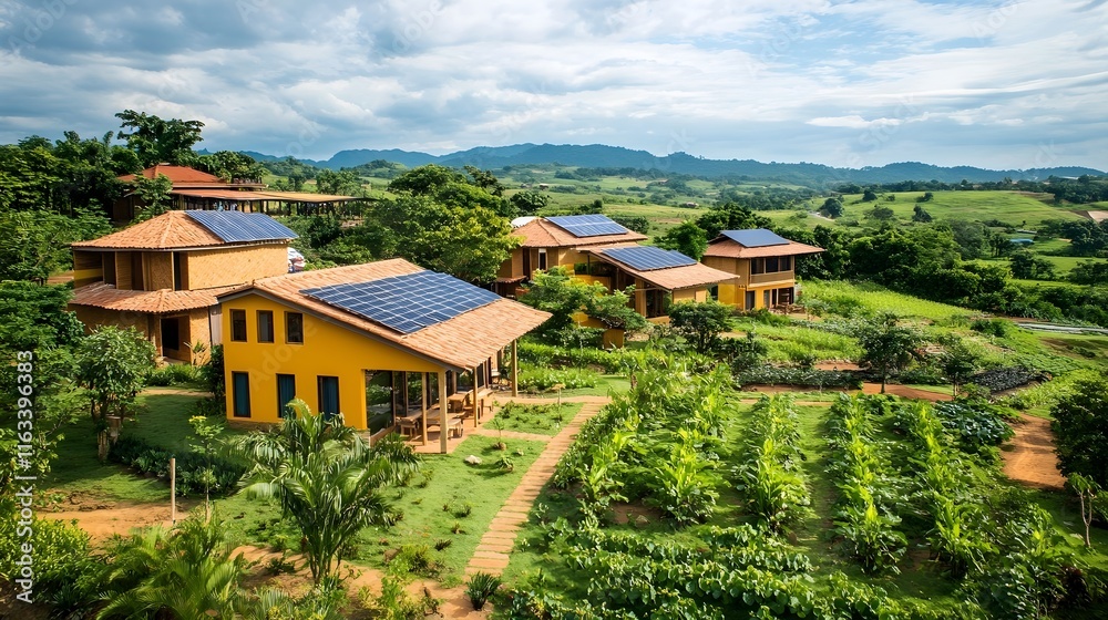 Eco-Friendly Village with Solar Houses and Lush Gardens on Mountainside Eco-Friendly Village with Solar Houses and Lush Gardens on Mountainside