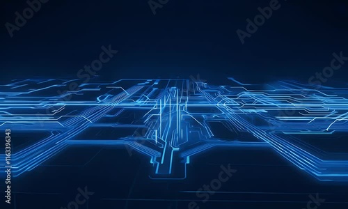 A futuristic digital circuit board glowing with blue light, representing advanced technology, data flow, and interconnected systems in cyberspace.