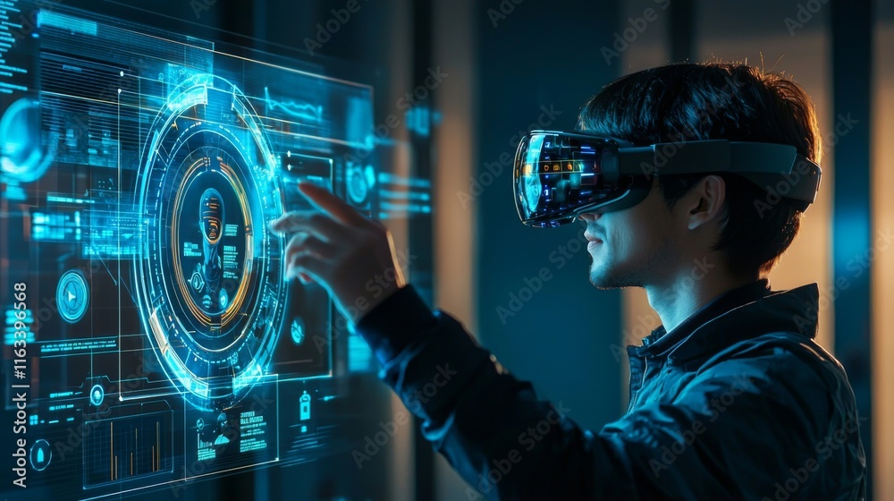 Naklejka premium Exploring the Metaverse: Man Interacts with a Futuristic Virtual Reality Interface
