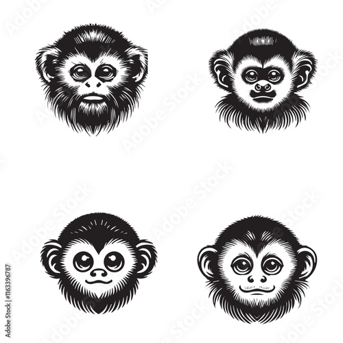 4 Set of Black Titi Monkey Face Silhouettes Isolated on White Background"