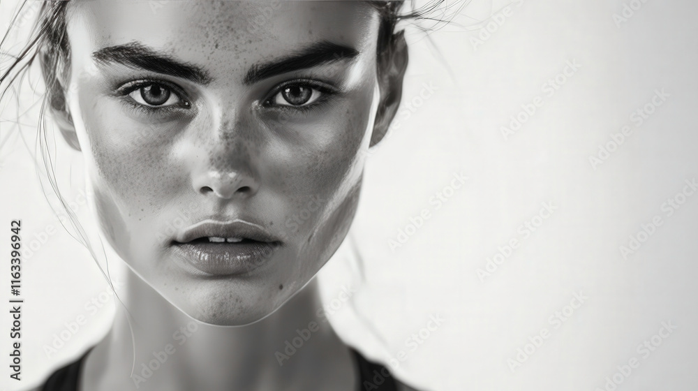 Fototapeta premium Close-up Portrait of a Young Woman with Freckles and Striking Eyes in Black and White, Emphasizing Natural Beauty and Raw Emotion