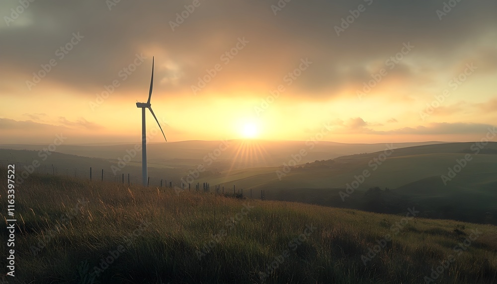 Obraz premium Sunrise over Rolling Hills with Wind Turbine