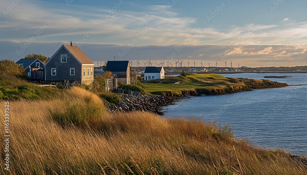 Coastal houses and wind turbines at sunset Coastal houses and wind turbines at sunset