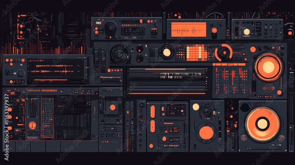 Fototapeta premium Futuristic music studio control panel with various instruments and sound mixers.