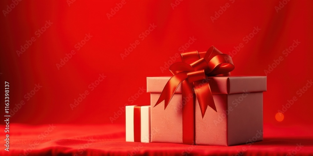 Obraz premium A Festive Pair of Presents with a Red Ribbon Bow on a Red Background