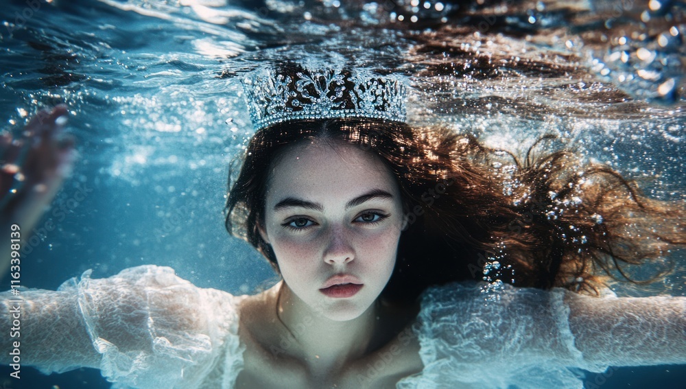 Fototapeta premium Underwater Portrait of a Woman Wearing a Crown