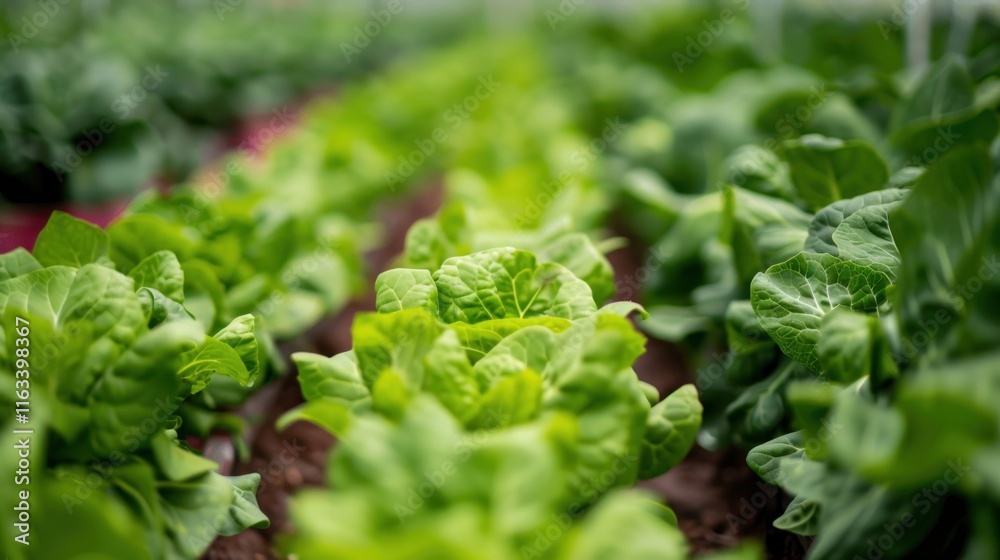 Row of green plants growing on a farm, AI generated image