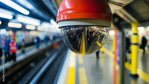 Security camera monitors busy subway station with commuters waiting on platform during peak hours
