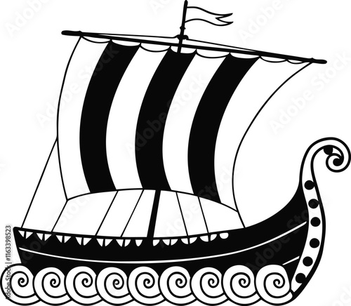 Viking Ship vector illustration, Viking Ship silhouette vector, Viking Ship line art vector