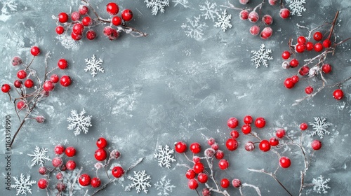 Festive christmas or winter composition featuring snowflakes and red berries on a gray background – perfect for seasonal holiday themes, winter celebrations, and new year concepts with flat lay and co