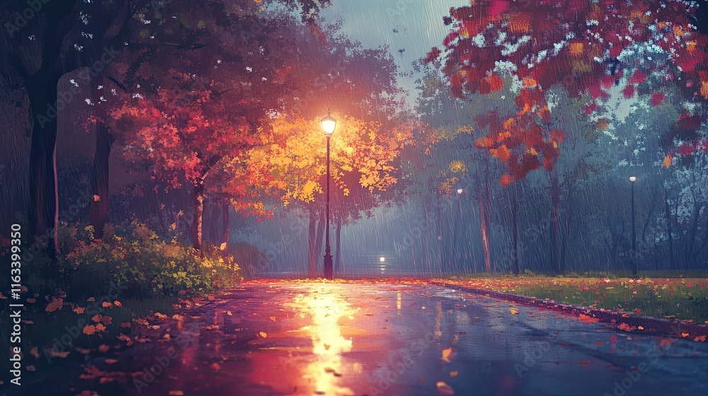 A glowing streetlamp in the distance casts a warm light on the wet pavement, reflecting the soft pastel hues of the sky. The surrounding autumn trees are adorned with colorful leaves that shimmer in t A glowing streetlamp in the distance casts a warm light on the wet pavement, reflecting the soft pastel hues of the sky. The surrounding autumn trees are adorned with colorful leaves that shimmer in t