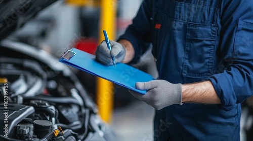 A mechanic is writing on a clipboard while looking at an engine