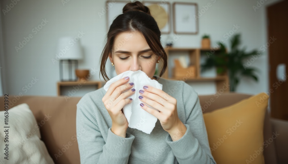 A woman is sitting on a couch and holding a tissue to her nose A woman is sitting on a couch and holding a tissue to her nose
