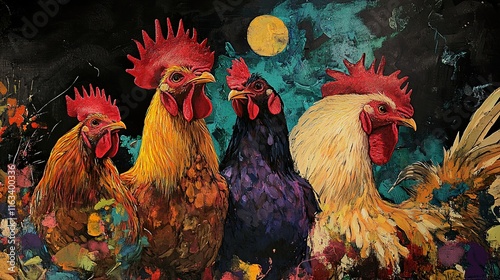 Majestic Roosters under the Moonlight: A Vibrant Farm Painting