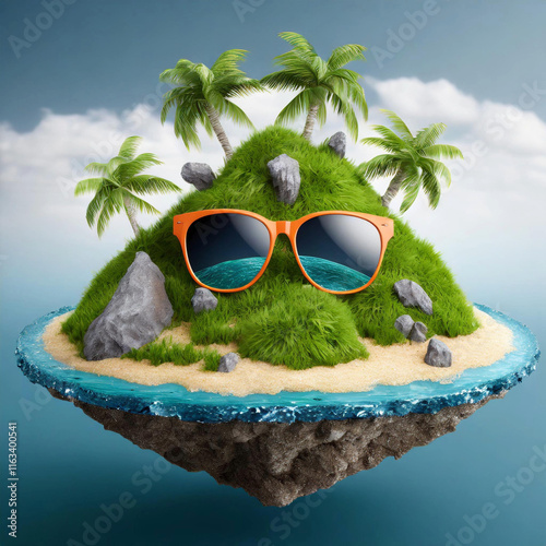 3d island with sunglasses, travel material, concept design,isolated. Generative AI photo