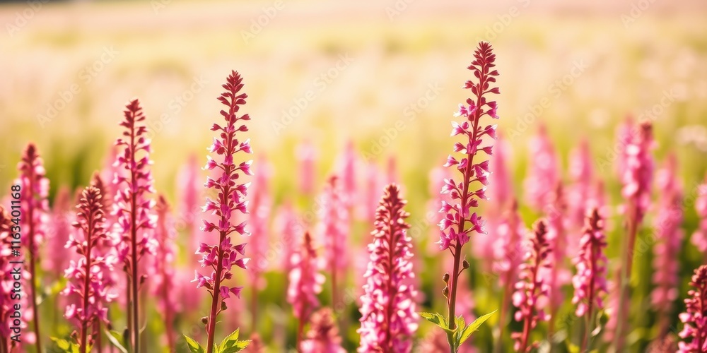 Fototapeta premium Vibrant Pink Flowers in a Sunlit Meadow, Delicate Petals and Tall Stems