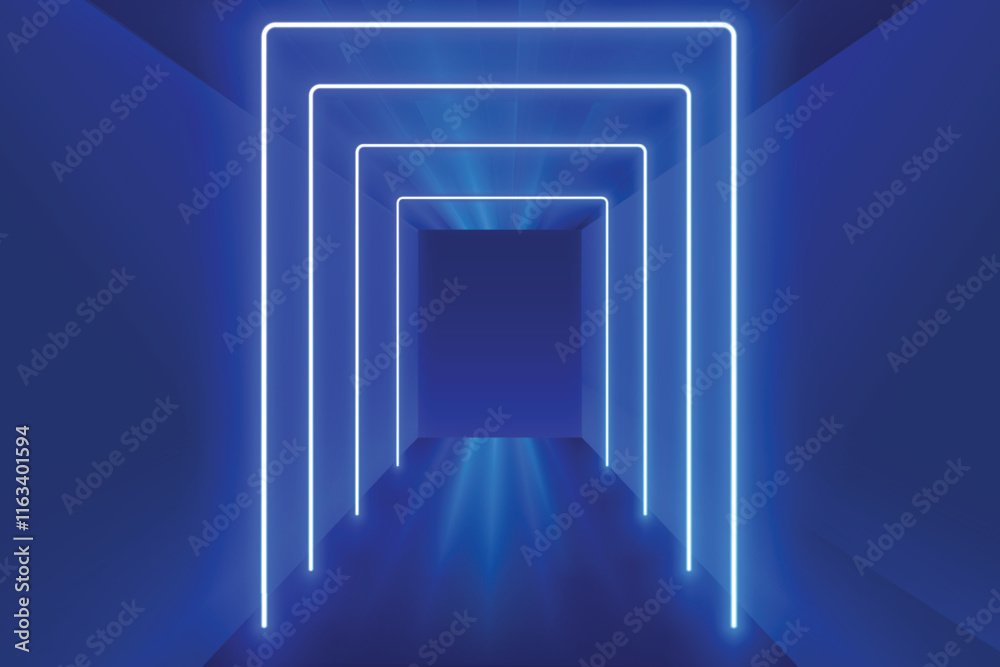 Obraz premium Series Of Neon Lights Illuminating On Blue Background. Design Vector Illustration Concept For Optical Illusion, Spaceship, Teleportation, Futuristic, Virtual Gaming Theme etc.