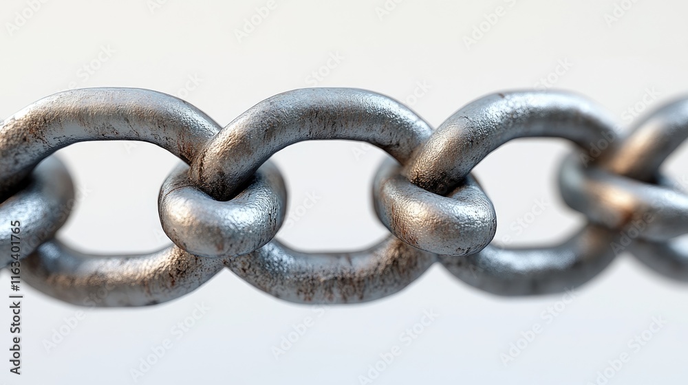 Fototapeta premium Close-up of interlocking metal chain links forming a strong connection on white background