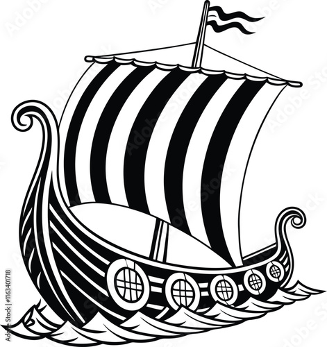 Viking Ship vector illustration, Viking Ship silhouette vector, Viking Ship line art vector