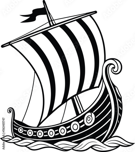 Viking Ship vector illustration, Viking Ship silhouette vector, Viking Ship line art vector