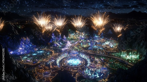Magical Night Fireworks over Illuminated Cityscape Fantasy Theme Park