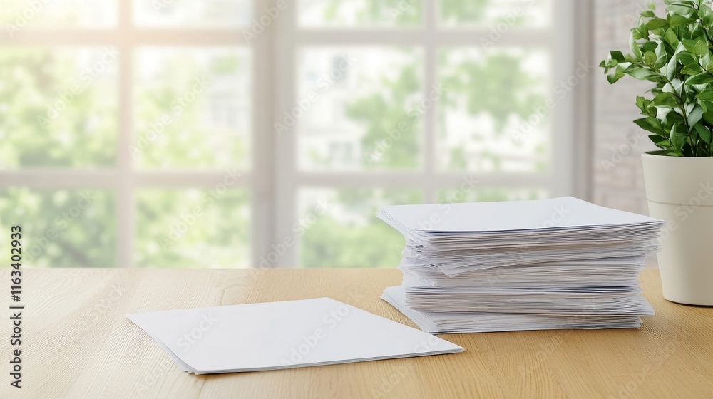 A stack of papers on a table with a potted plant in the background A stack of papers on a table with a potted plant in the background
