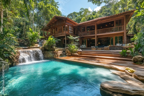 Wallpaper Mural Luxurious wooden villa with infinity pool overlooking tropical rainforest and waterfall Torontodigital.ca