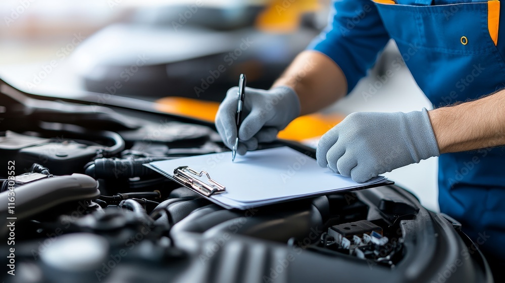 A mechanic is writing on a clipboard while working on a car A mechanic is writing on a clipboard while working on a car